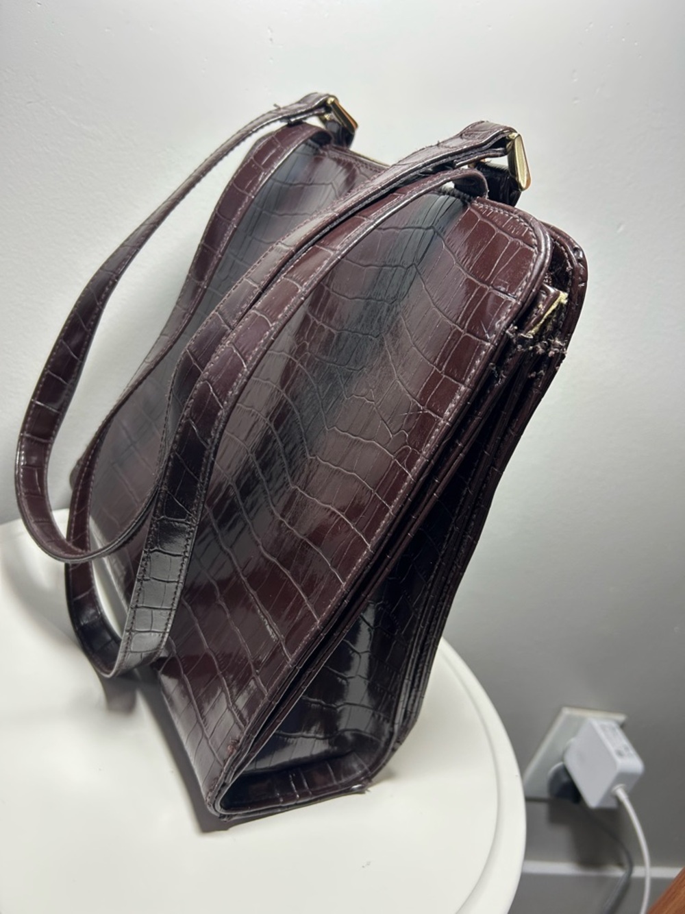 Croc-Embossed Structured Shoulder Bag in Deep Burgundy